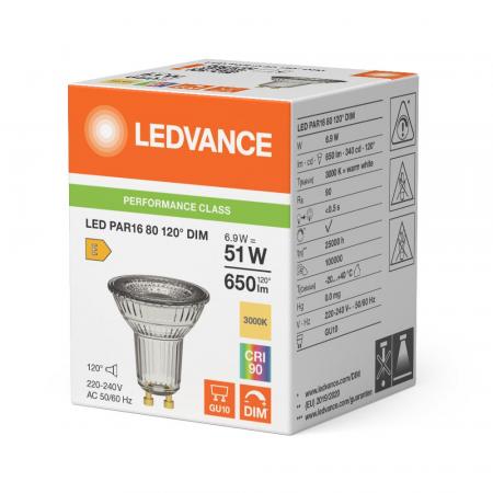 Ledvance GU10 PAR16 Reflektor 120° 6.9W wie 51W dimmbarer warmweißer Strahler 3000K 90Ra mit hoher Farbwiedergabe - mittig Klarglas