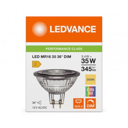 Ledvance GU5.3 MR16 LED Strahler dimmbar 36° 3.4W wie 35W 3000K warmweißes Licht - 12V Niedervolt hohe Farbwiedergabe 90Ra