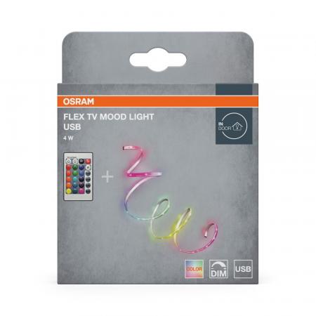 1,5m Osram Lichtstreifen FLEX TV MOOD LIGHT- dekorativer bunter LED-Streifen für Innen, selbstklebend mit USB-Anschluss und Fernbedienung, 4W, Rot-Grün-Blau, dimmbar