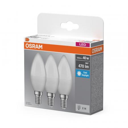 3er Pack OSRAM E14 LED Lampe Classic B 40 in Kerzenform matt 4,9W wie 40W kaltweißes Licht 6500K