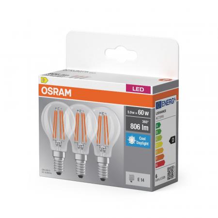 3er Pack Osram E14  BASE LED Leuchtmittel Filament 5,9W wie 60W Kaltweiß