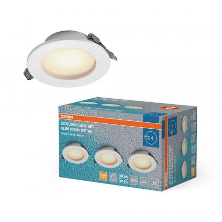3er Set OSRAM LED Downlight Set IP44 Dim Slim 4,5W 3000K 120° Weiß Einbauspot - Einbaudurchmesser 75mm, Einbautiefe 35mm