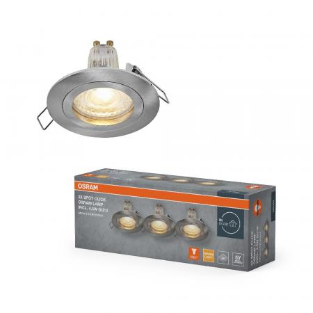 3er Set OSRAM GU10 4,5W LED Spot Set Recess Click Einbaustrahler Satin Nickel 2700K IP20 -  Einbaudurchmesser 60mm, Einbautiefe 100mm