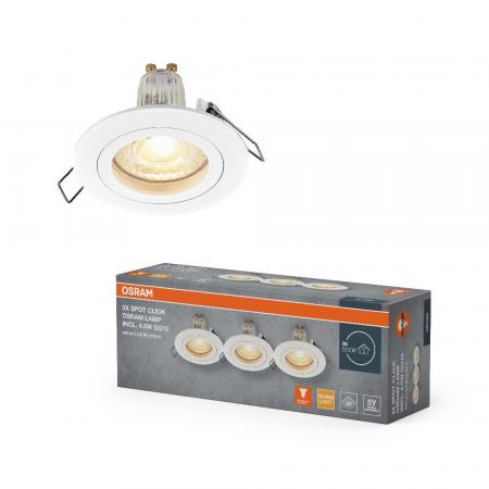 3er Set OSRAM GU10 4,5W LED Spot Set Recess Click Einbaustrahler Weiß 2700K IP20  -  Einbaudurchmesser 60mm, Einbautiefe 100mm