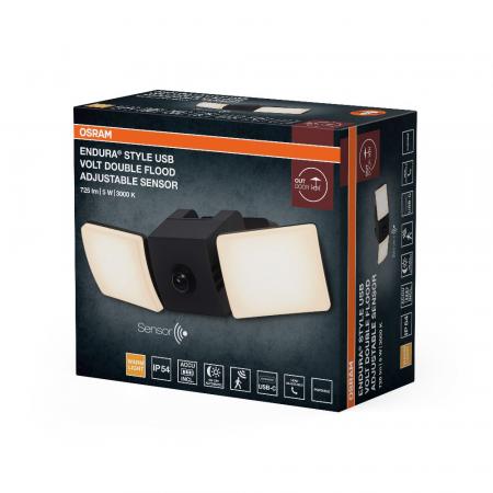 OSRAM ENDURA Style USB Volt 2 Flood Adjustable Sensor IP54 Dark Grey Akku Außenstrahler