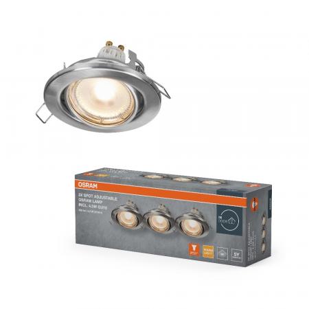 3er Set OSRAM GU10 Spot Set Recess Adjustable 4,5W 827 Satin Nickel LED Einbaustrahler - Einbaudurchmesser 68mm, Einbautiefe 100mm