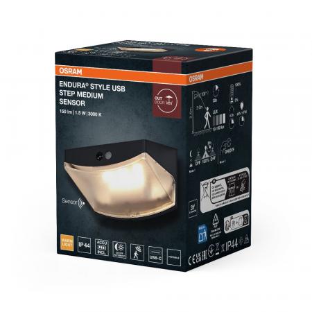 OSRAM ENDURA Style USB Wall Step M Sensor IP44 Dark Grey Akku