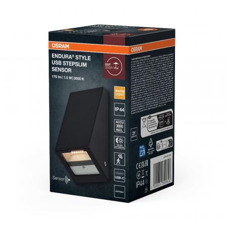 OSRAM ENDURA Style USB Wall Step Slim Sensor IP44 Dark Grey Akku LED Außenwandleuchte mit Bewegungsmelder