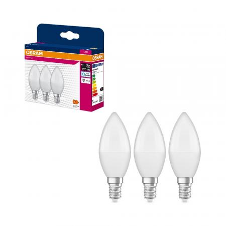 3er Pack OSRAM E14 LED Lampen VALUE CLAS B 40 in Kerzenform matt 4,9W wie 40W kaltweißes Licht 6500K