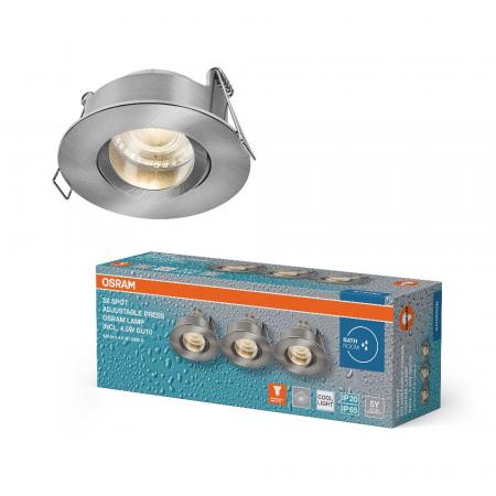 3er Set OSRAM LED Spot Recess GU10 IP65 Press 4.5W 840 Satin Nickel Einbaustrahler IP65 - Einbaudurchmesser 68mm, Einbautiefe 115mm