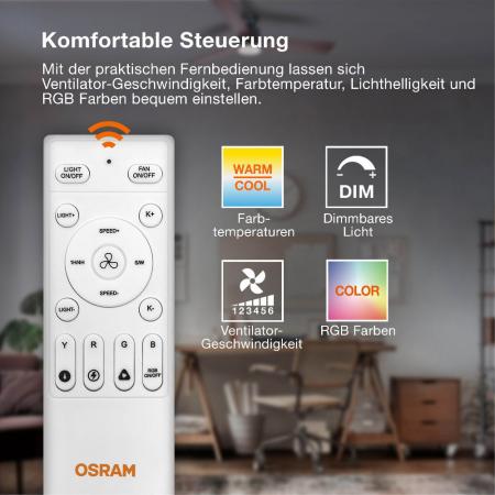 OSRAM Ceiling Fan Nordes 38W CCT RGB Deckenventilator mit Licht 3000-6500K dimmbar