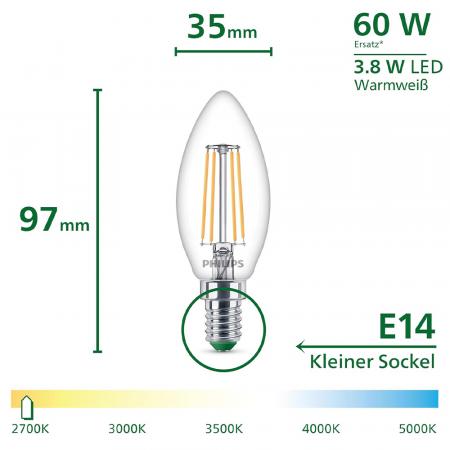 Philips E14 LED Filament-Kerzenlampe 3,8W wie 60W warmweisses Licht Ultra Efficient