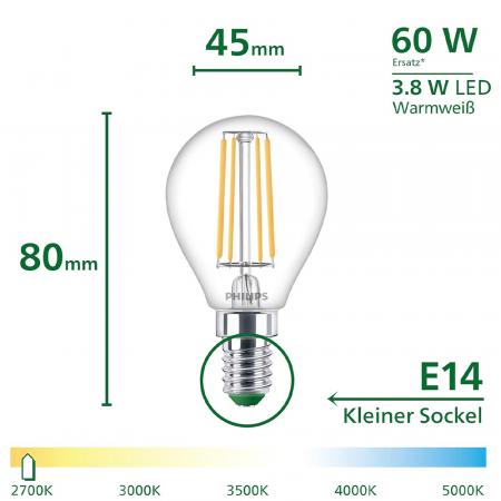 Philips E14 LED Filament-Lampe Tropfenform 3,8W wie 60W warmweisses Licht Ultra Efficient