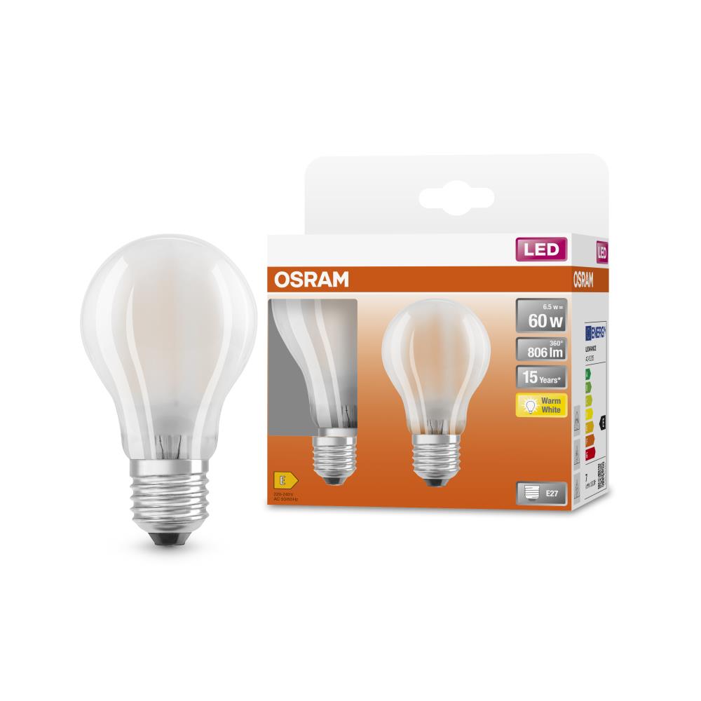 2er Pack OSRAM LED E27 Glühbirne matt 6,5W als 60W Ersatz warmweiß