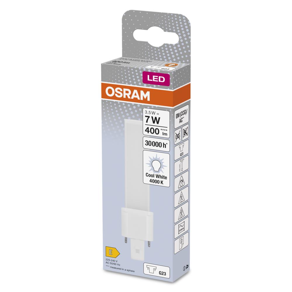 Lámpara LED OSRAM DULUX S7 3.5W (equivalente A 7W) – 2 Pines G23 – 4000K Luz Blanca Neutra – Clase F