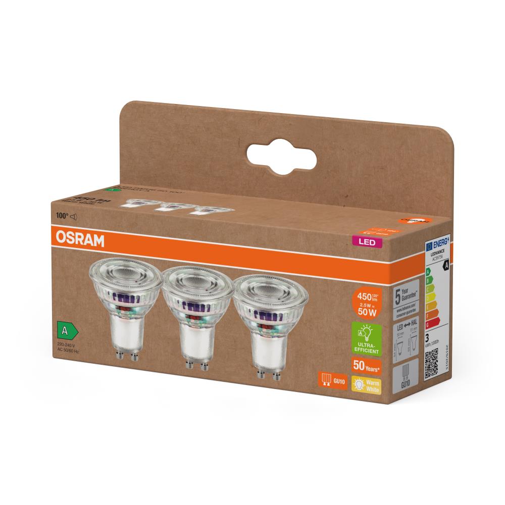 3er Set OSRAM GU10 LED 100 ° 2,5W wie 50W 2700K