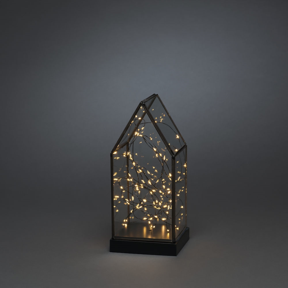 Konstsmide 1817-870 Glas Laterne mit Spitze, LED-Lichterkette und schwarzem  Holzsockel