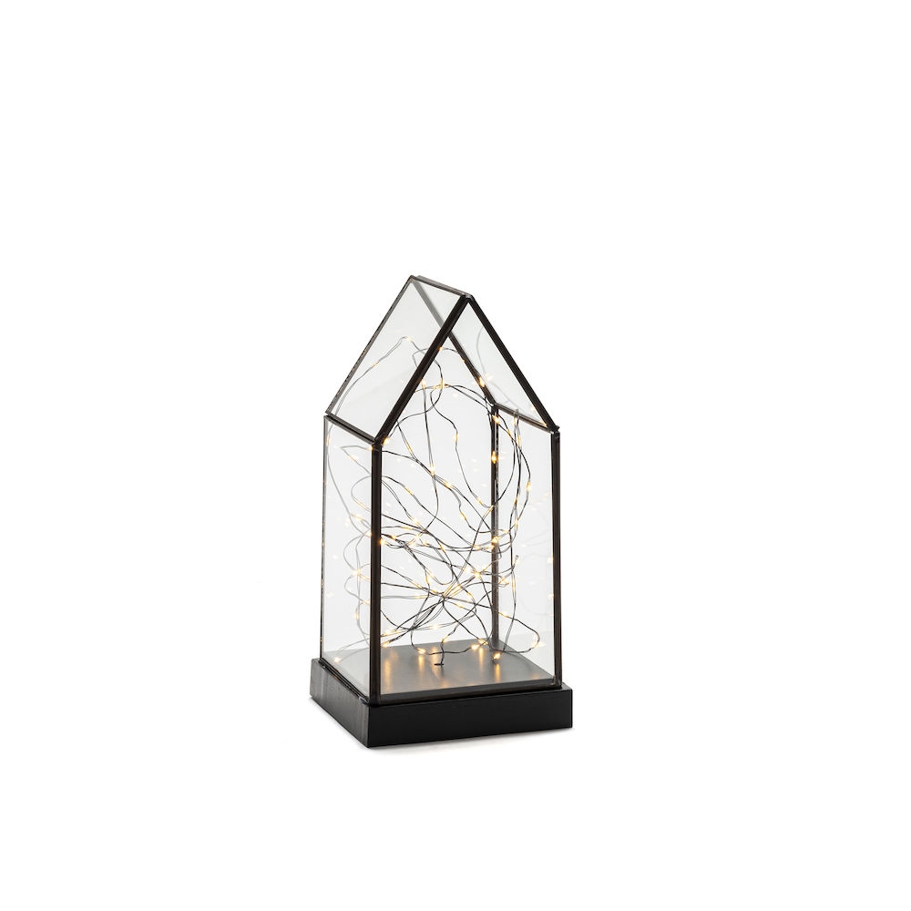 Konstsmide 1817-870 Glas Laterne mit Spitze, LED-Lichterkette und schwarzem  Holzsockel