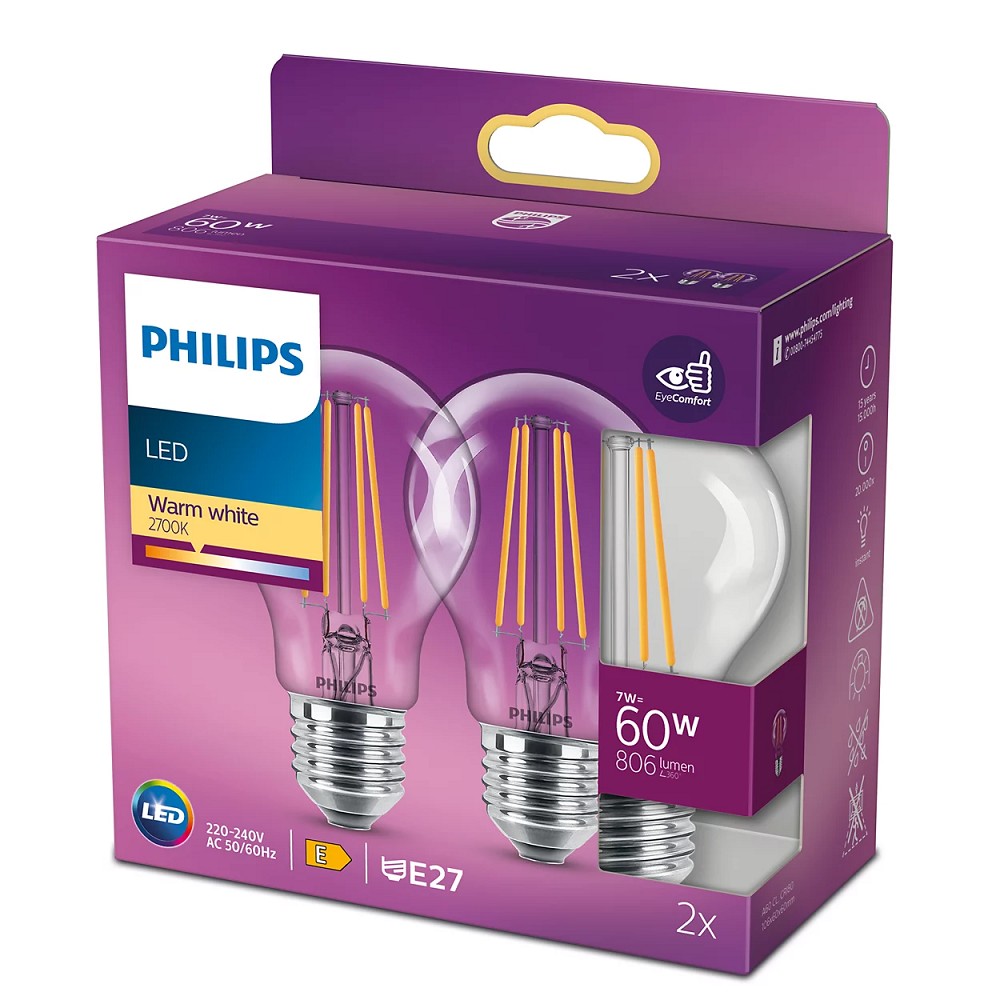 2-er PHILIPS E27 LED Lampe Filament Birnenform 7W (60W) warmes Licht für  Wohnräume