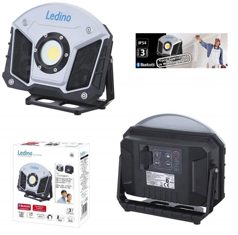 Aktion: Nur noch angezeigter Bestand verfügbar - Ledino Profi LED-Akkustrahler HORN 15W mit Music Bluetooth Baustrahler mit Powerbank