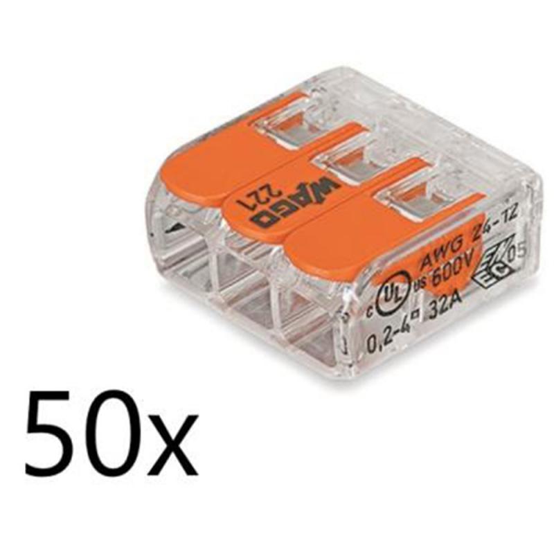 50 x Wago 221-413 Verbindungsklemme mit Hebel transparent für alle Leiterarten 3-Leiter bis 4qmm