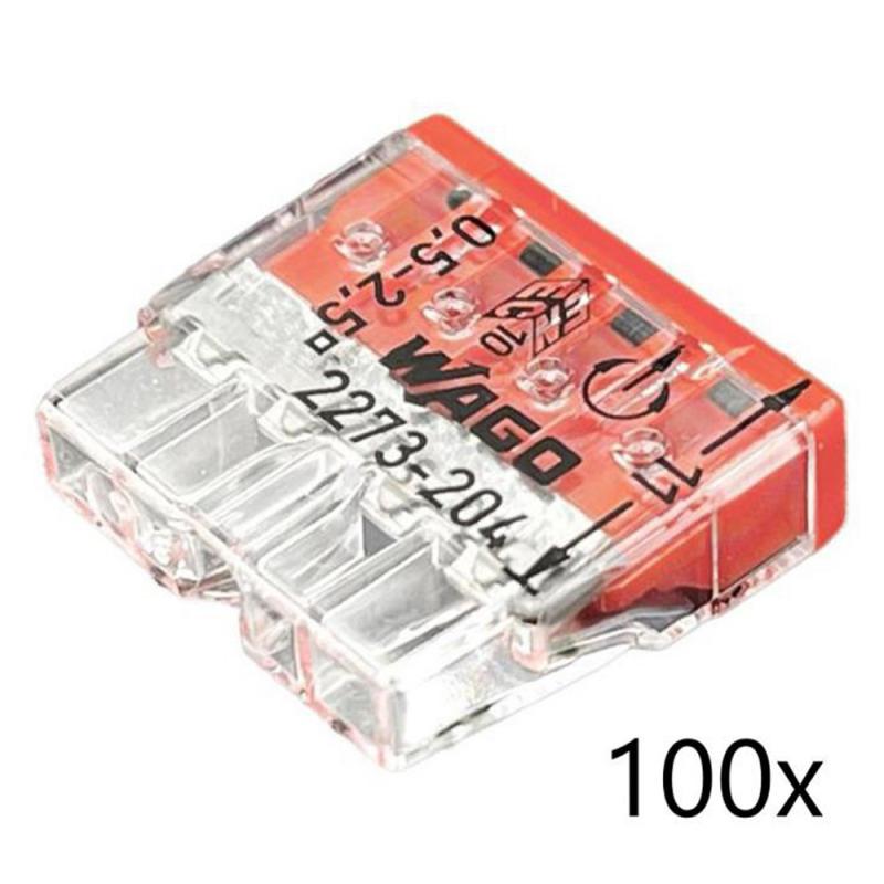 100 x Wago 2273-204 Verbindungsklemme transparent orange für alle Leiterarten 4-Leiter bis 0,5-2,5qmm
