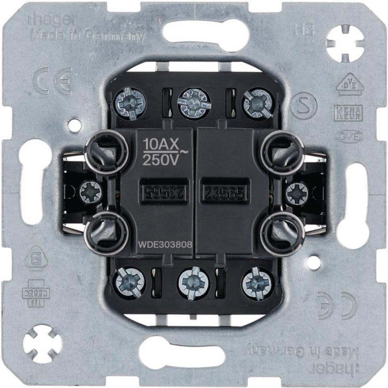 Hager Doppel-Aus/Wechselschalter mit getrennten Eingangsklemmen, 10A/250V, beleu