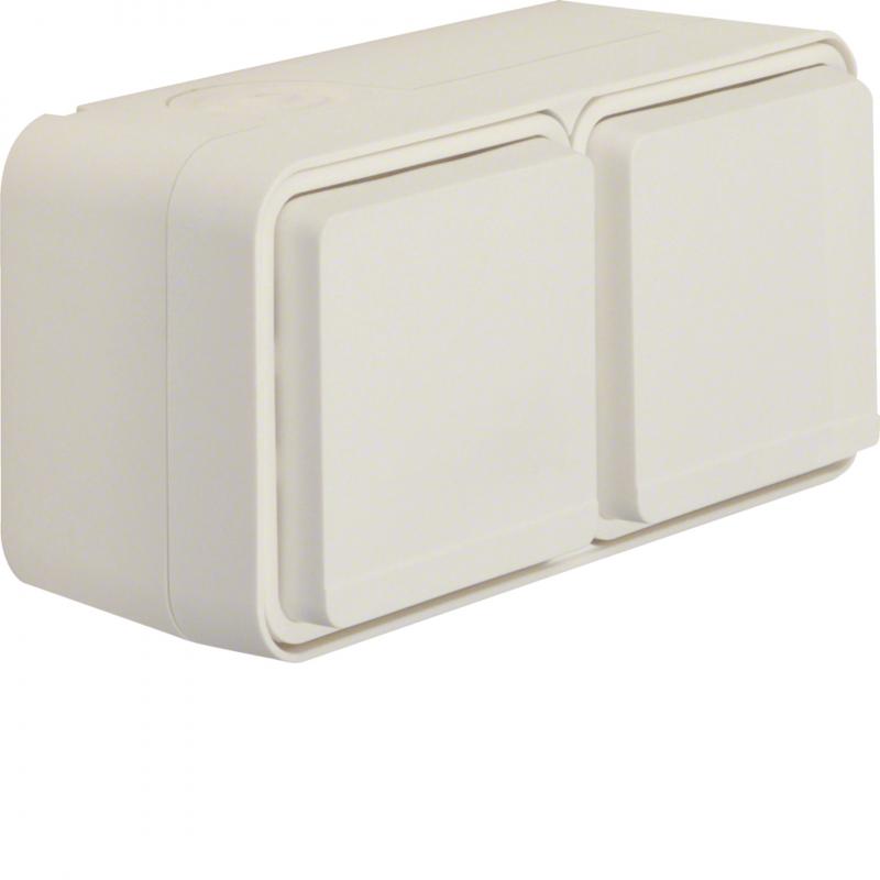 Hager SCHUKO AP Doppelsteckdose waagerecht mit Klappdeckel 2 Schieber W.1, polar