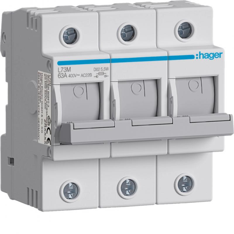 Hager Lasttrennschalter für Sicherungen D02 E18, 63A, AC400V, 3-polig, für Hutsc