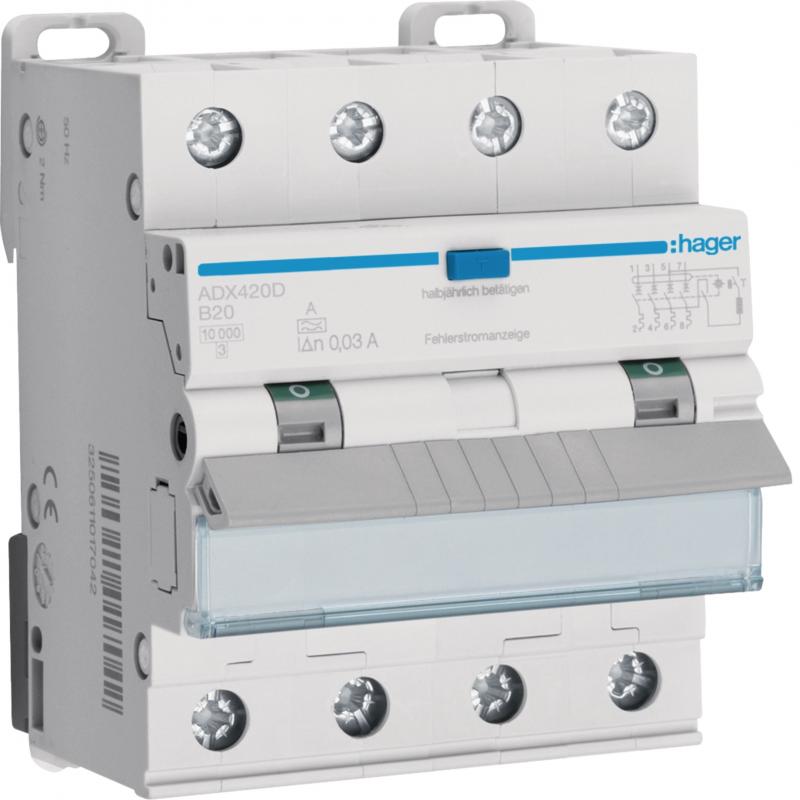 Hager Fehlerstrom-Leitungsschutzschalter, FI/LS-Schalter 4-polig 10kA B-20A 30mA
