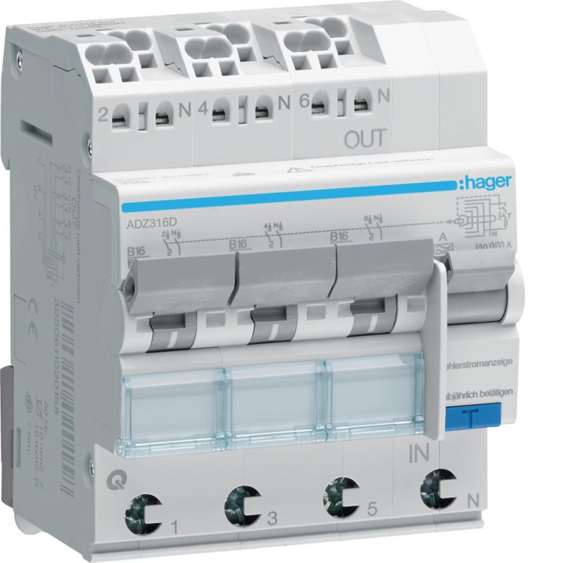 Hager Fehlerstrom-Leitungsschutzschalter, FiLS-Schalter, 3x(1P+N) 6kA B-16A 30mA