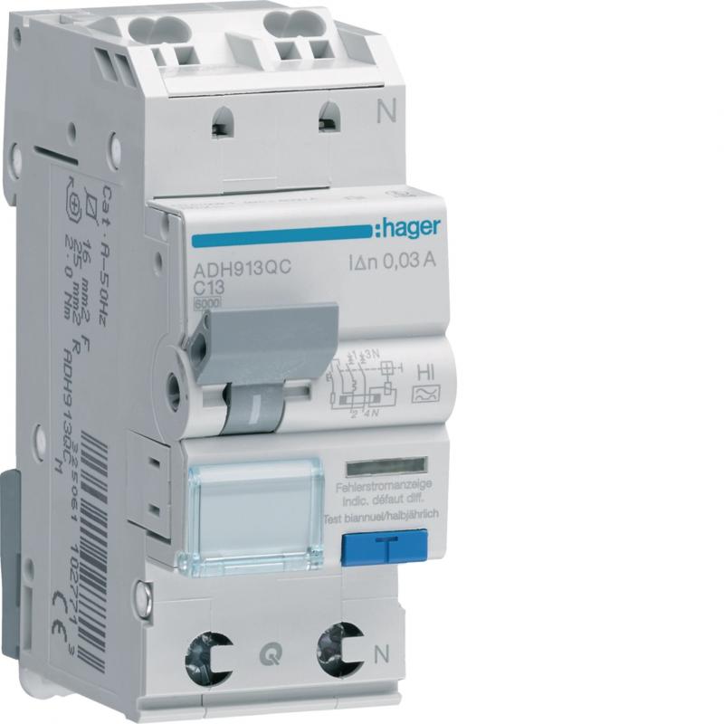 Hager FI-LS 1P+N 6kA C-13A 30mA A HI QC&QB