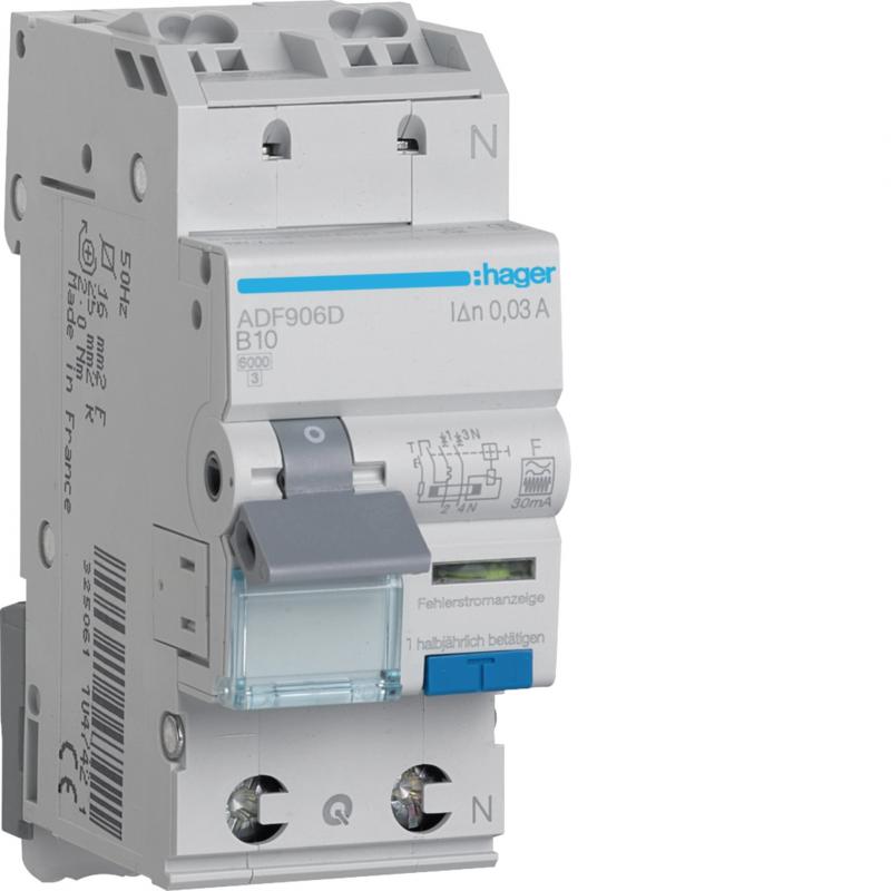 Hager Fehlerstrom-Leitungsschutzschalter, FI/LS-Schalter 1P+N 6kA B-6A 30mA Typ