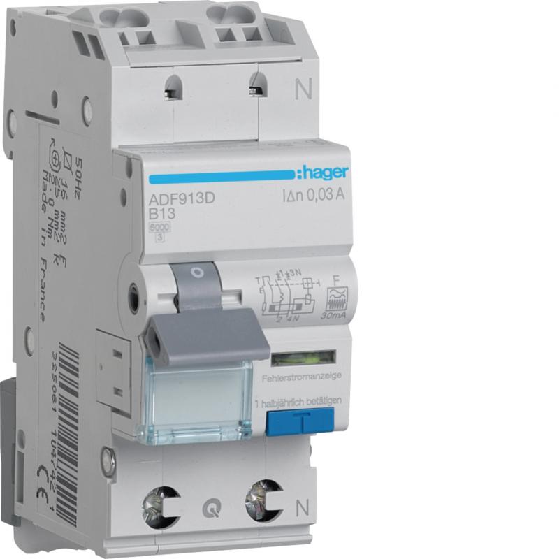 Hager Fehlerstrom-Leitungsschutzschalter, FI/LS-Schalter 1P+N 6kA B-13A 30mA Typ