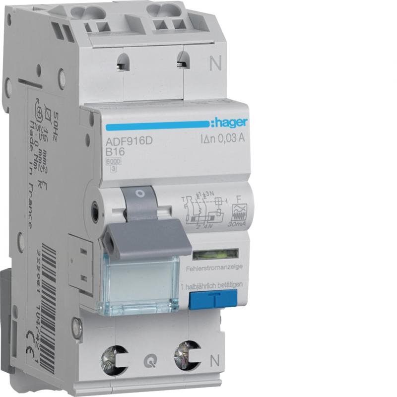 Hager Fehlerstrom-Leitungsschutzschalter, FI/LS-Schalter 1P+N 6kA B-16A 30mA Typ