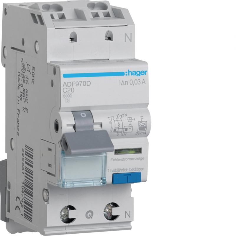 Hager Fehlerstrom-Leitungsschutzschalter, FI/LS-Schalter 1P+N 6kA C-20A 30mA Typ