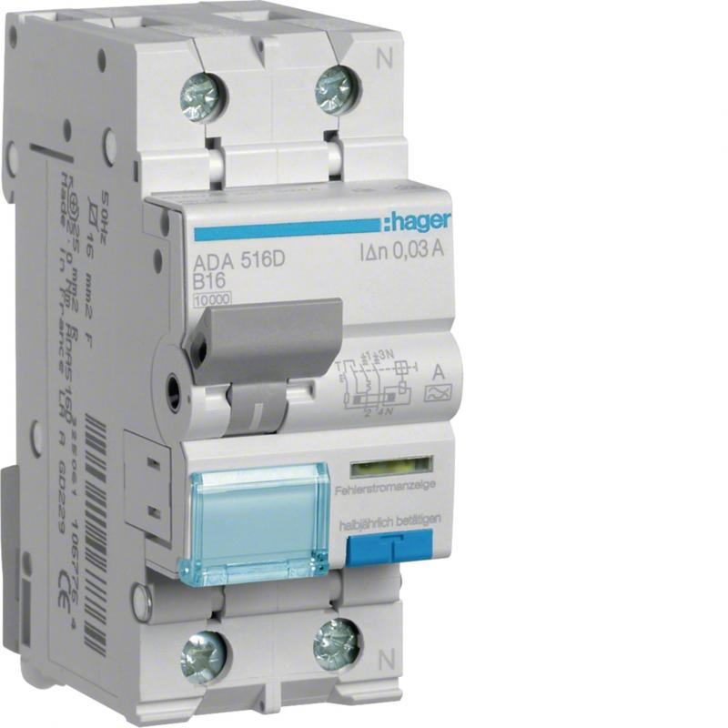 Hager Fehlerstrom-Leitungsschutzschalter, FI/LS-Schalter, 1P+N 10kA B-16A 30mA T