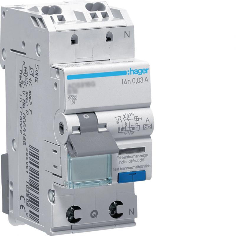 Hager Fehlerstrom-Leitungsschutzschalter, FI/LS-Schalter, 1P+N 6kA B-6A 30mA Typ