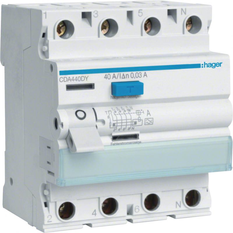 Hager FI-Schalter 4P 6kA 40A 30mA TypA TK L1-N