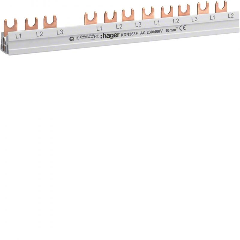 Hager Phasenschiene / Kammschiene, 3-polig, mit Gabelanschluss, 10mm², 63A, 12 M