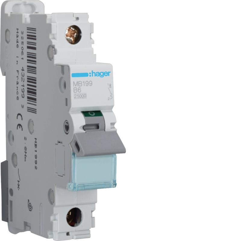 Hager Leitungsschutzschalter, LS-Schalter, 1-polig 25kA 6A B-Charakteristik 1  P