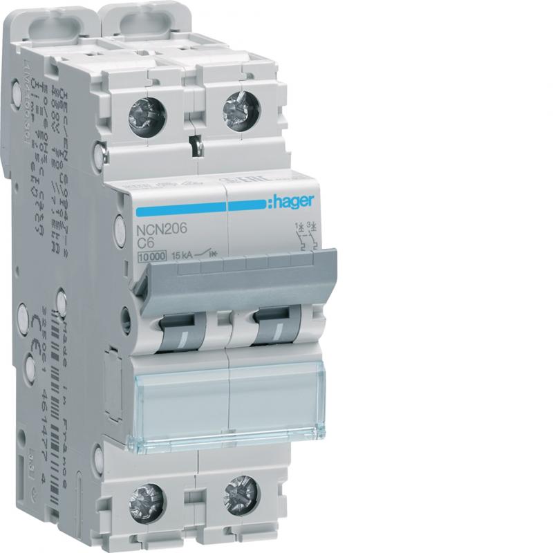 Hager LS-Schalter 2 polig 10kA/15kA C-6A 2M