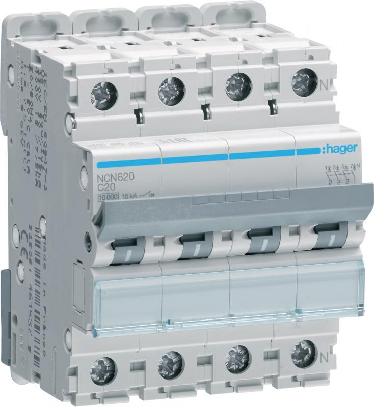 Hager LS-Schalter 3P+N 10kA/15kA C-20A 4M