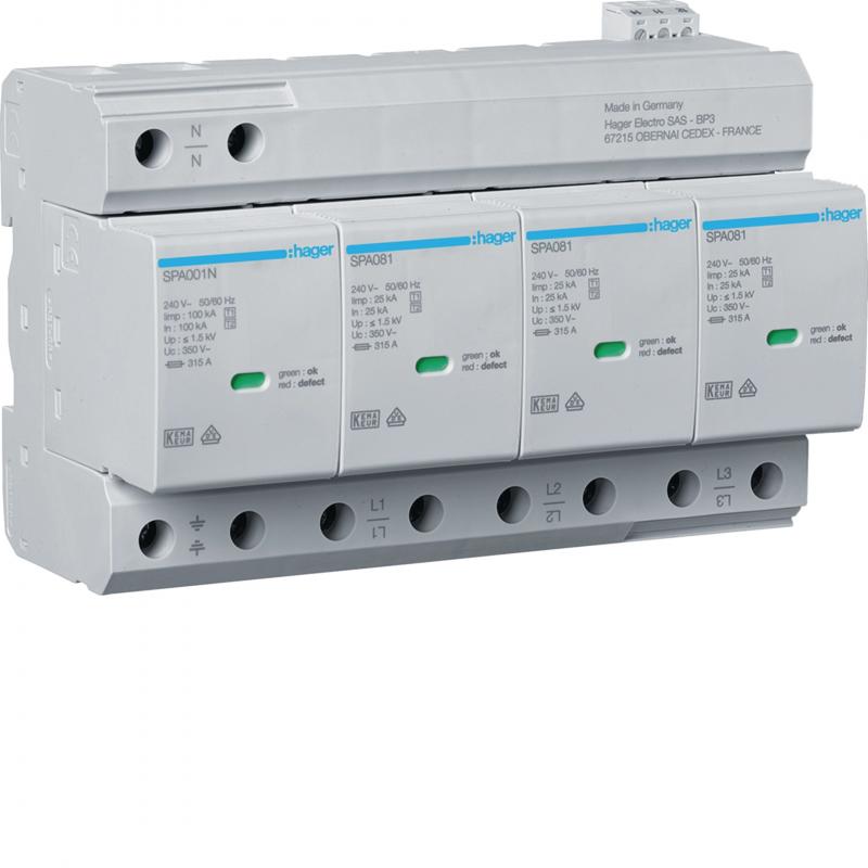 Hager Kombiableiter Typ1+2 4P Uc 350V Iimp 25kA Up 1.5kV TNS/TT, Fernmeldekontak