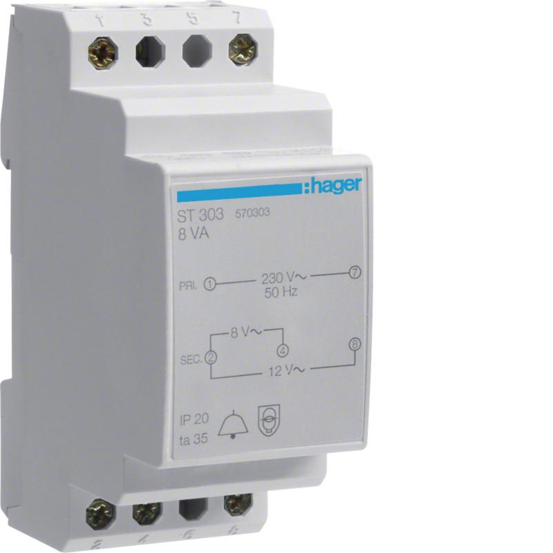 Hager Klingeltrafo / Türklingel-Trafo REG, 230V / 8V und 12V 8VA, 2PLE