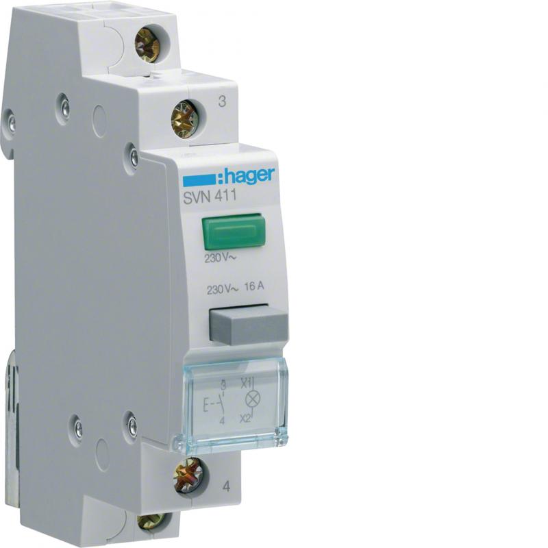 Hager Taster 16A 1S 230V AC Leuchtm. grün 1PLE