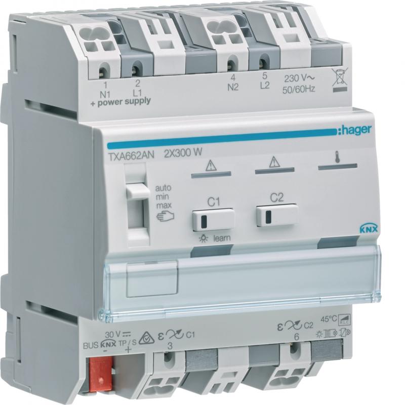 Hager KNX Universal-Dimmaktor 2-fach KNX easy, 2x300W, ESL/LED, kombinierbar