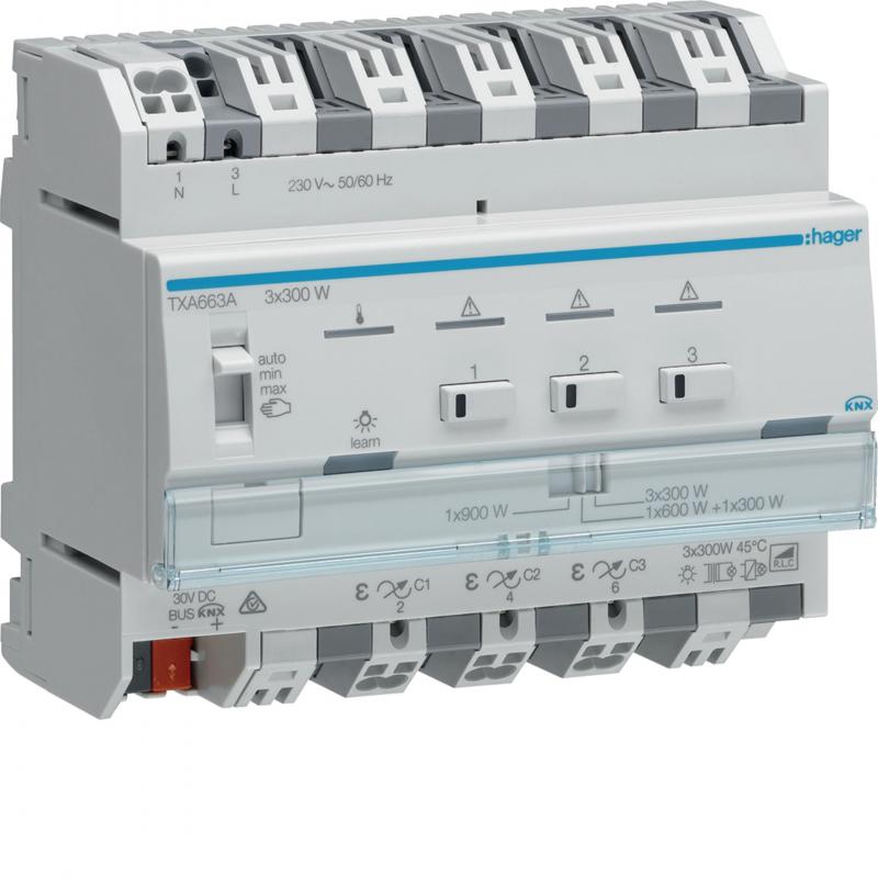 Hager KNX Universal-Dimmaktor 3-fach KNX easy/ETS, 3x300W, ESL/LED