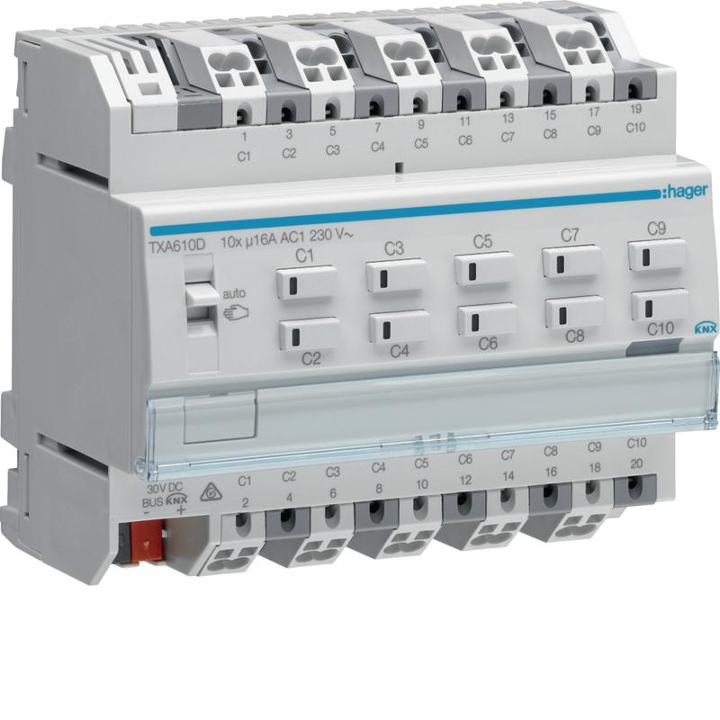 Hager KNX Schalt-/Jalousieaktor 10/5-fach KNX easy, 16A, C-Last, für Jalousieste