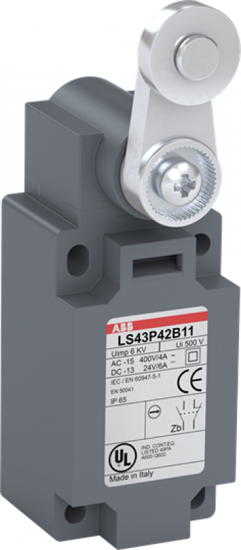 ABB LS43P42B11 Standard-Positionsschalter Kunststoff-Gehäuse grau IP65 Edelstahl-Rollenschwenkhebel D=22